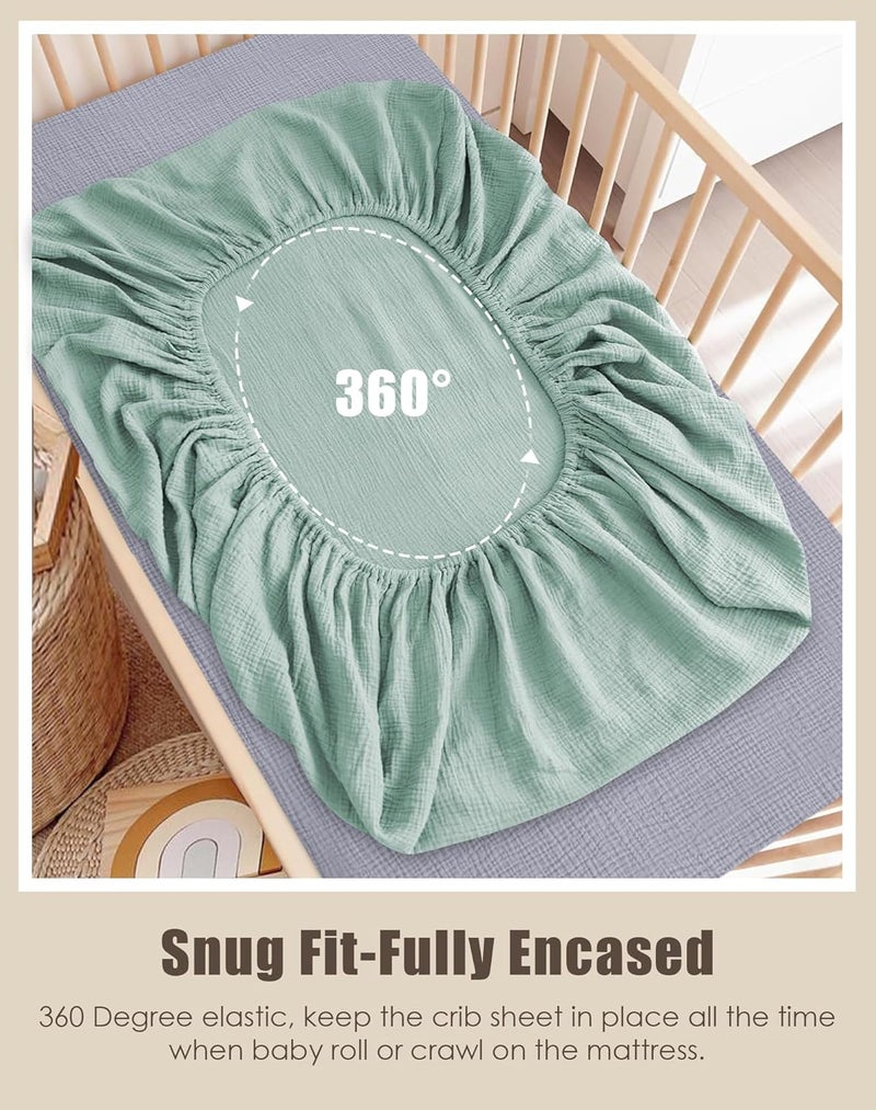SWEET DOLPHIN 2-Pack Muslin Crib Sheets for Boys & Girls, Ultra Soft Breathable 40S Long-Staple Cotton Fitted Baby Sheets for Standard Crib Mattress 52"x28", Green and Grey- Nursery Essentials - Image 3
